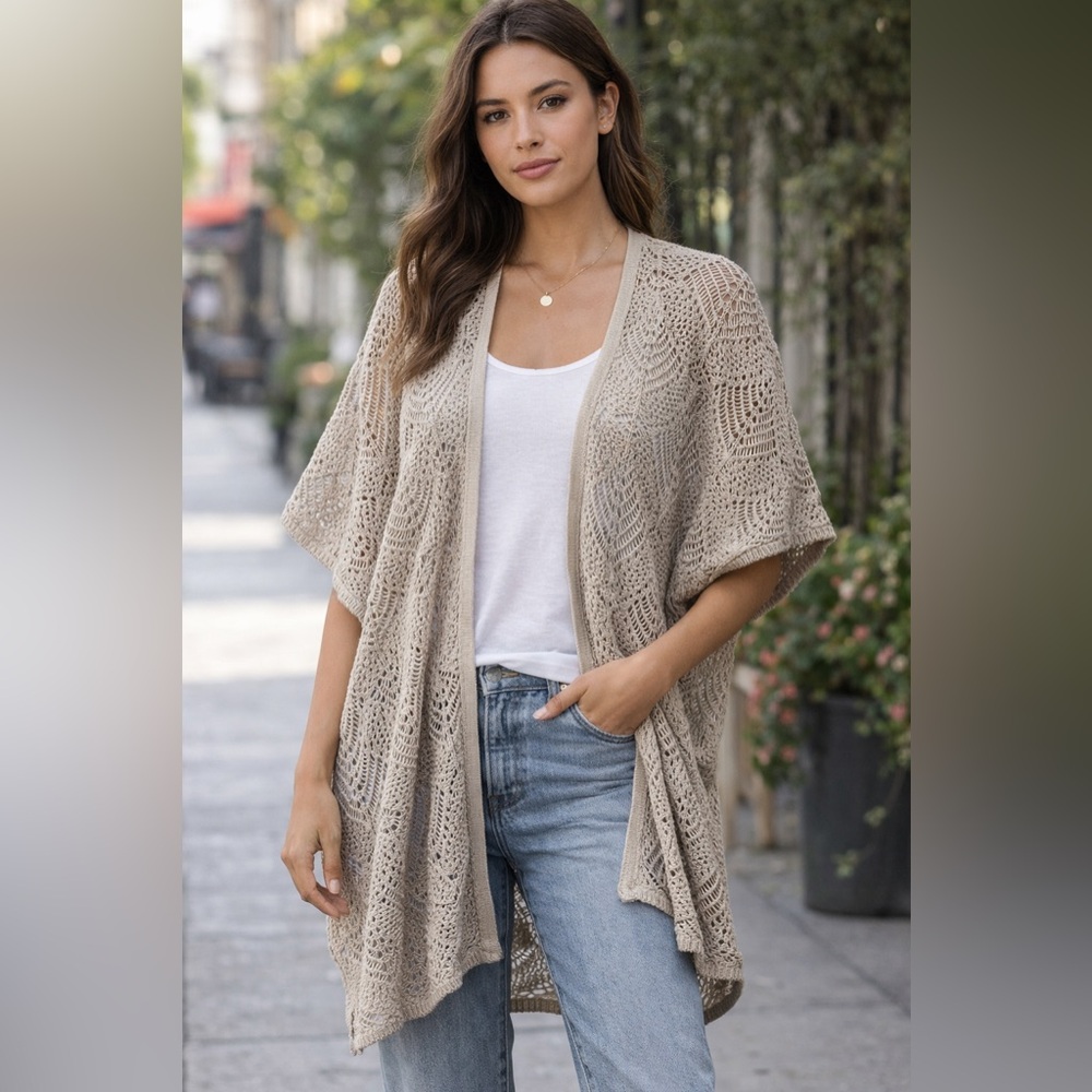 rubbish Taupe Crochet Kimono Wrap Cardigan, size S/M